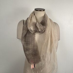 Tickled Pink Cream Tan Light Weight Beachy Scarf Wrap W Fringed Ends Silk Blend